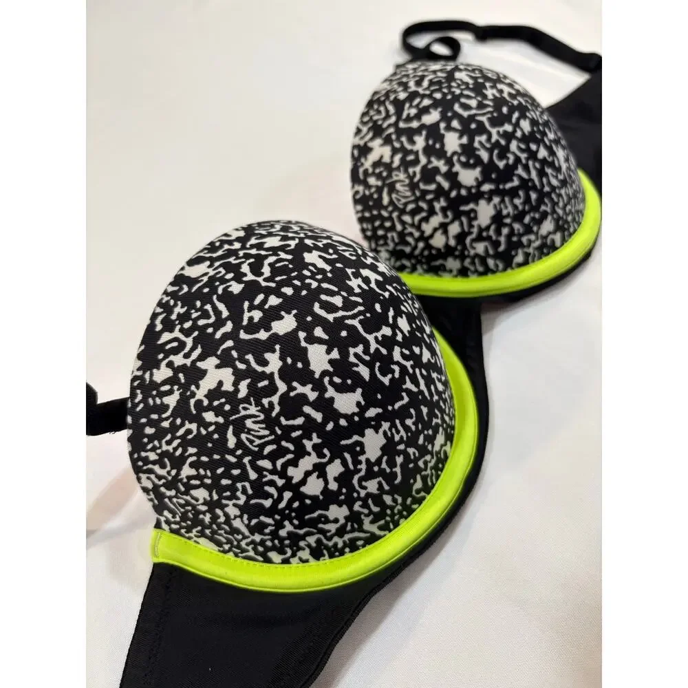 PINK Victoria’s Secret Black White Print Neon Yellow Green Push Up Bra Size 34B